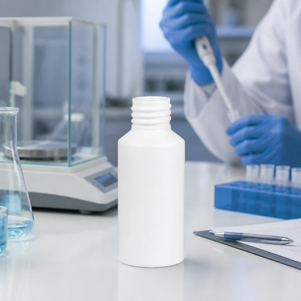 Apothekenflasche HDPE 50ml weiß, ohne Verschluss Leere weiße Pharmaflasche 50ml HDPE vor Analysewaage und Pipettenarbeitsplatz im Labor