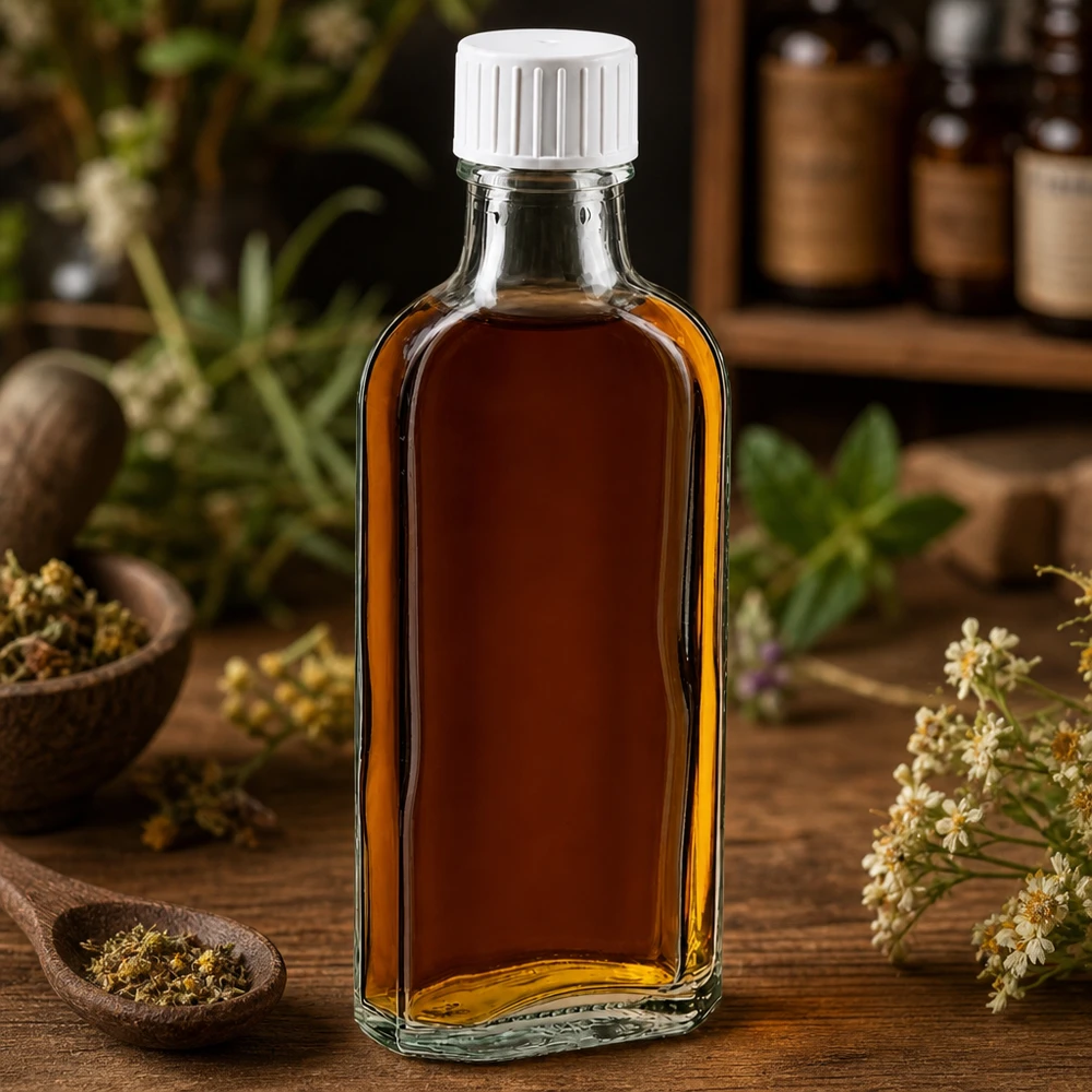 Braun befüllte 100ml Glasflasche mit Gießring umgeben von getrockneten Heilkräutern