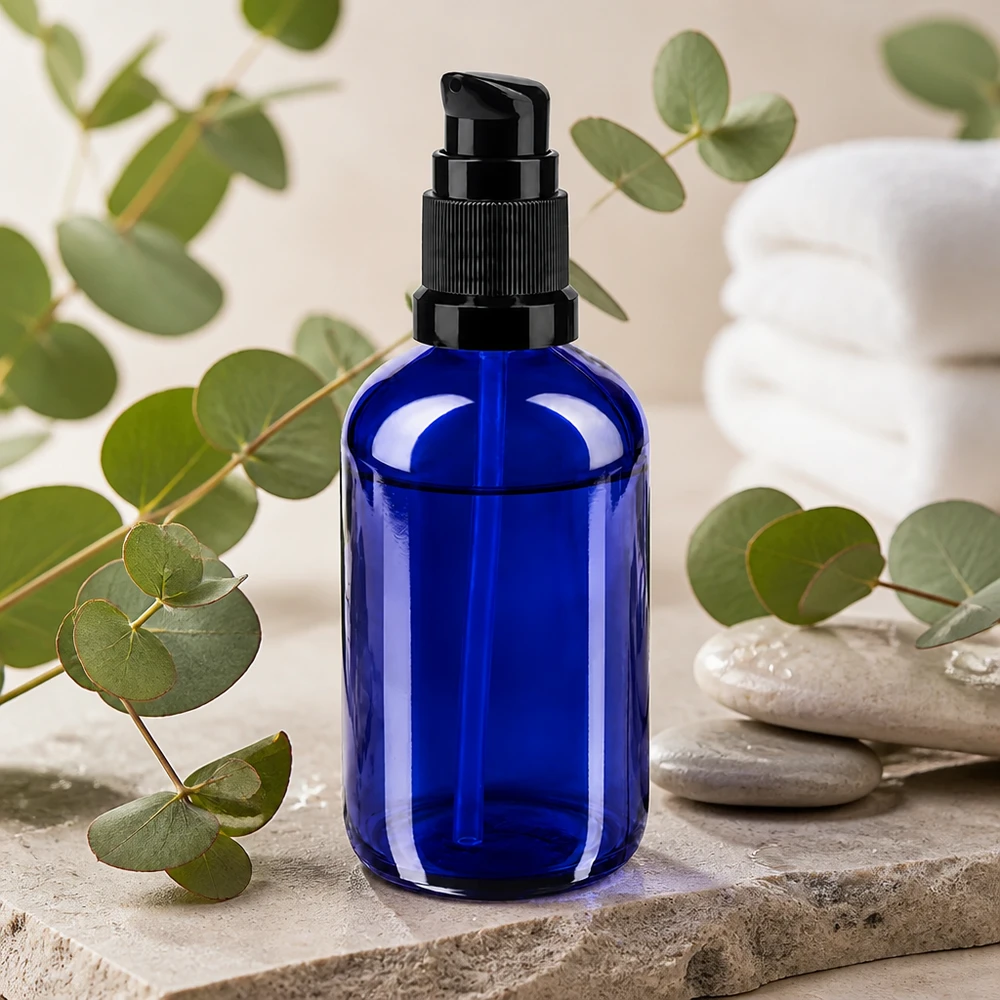 Apothekenflasche blau 100ml PumpVerschluss schwarz Standard Zylindrische Pumpflasche 100ml aus blauem Schutzglas mit schwarzem STD-Spender für Kosmetik