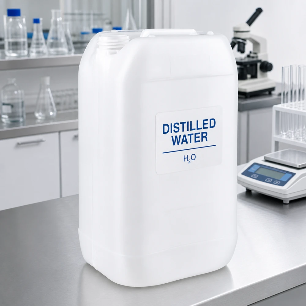 Robuster Laborkanister 15 Liter ohne Verschluss auf Edelstahltisch neben Mikroskop und Waage