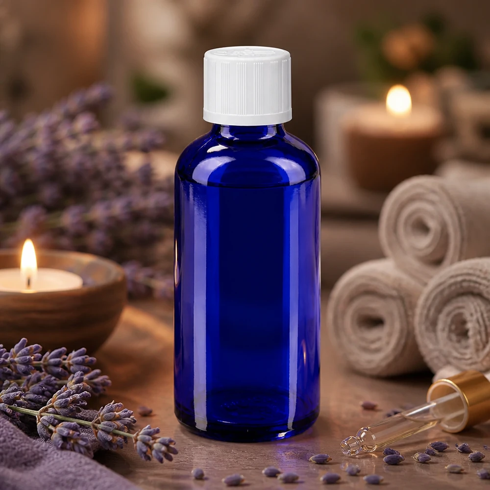 Apothekenflasche blau 50ml Schraubverschluss weiß Kindersicherung Standard Kobaltblaue Apothekerflasche 50ml mit Schraubverschluss kindersicher in Spa-Atmosphäre