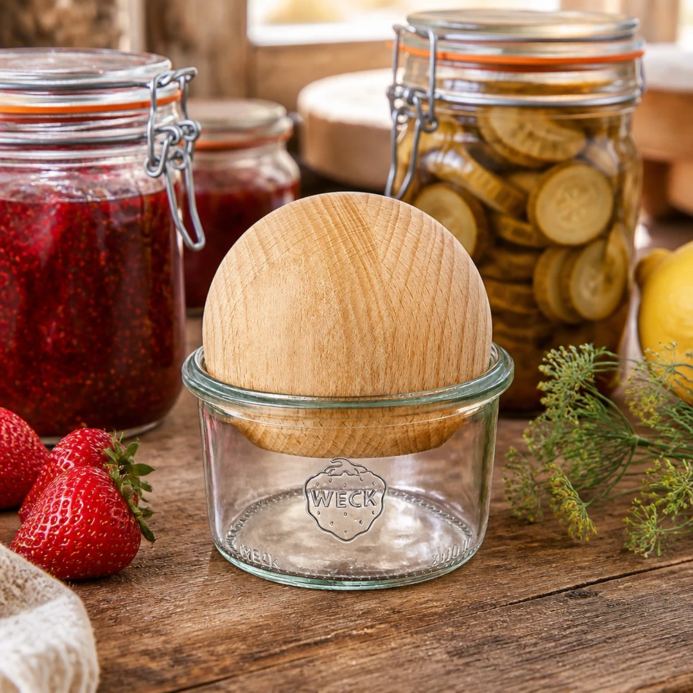 Sturzglas WECK 200ml RR80 in natürlicher Küchenumgebung mit Einmachgläsern und frischen Lebensmitteln