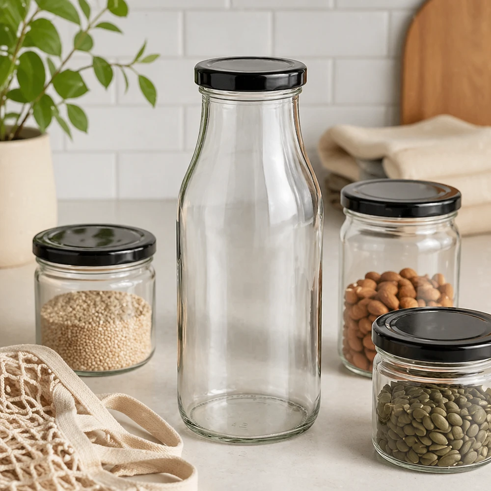 263ml Glasflasche mit schwarzem BasicSeal Deckel neben Vorratsgläsern mit Nüssen und Samen in moderner Küche