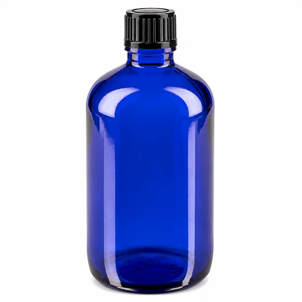Apothekenflasche blau 100ml Schraubverschluss schwarz Standard Kobaltblaue Glasflasche 100ml mit SV STD Verschluss für Apotheken