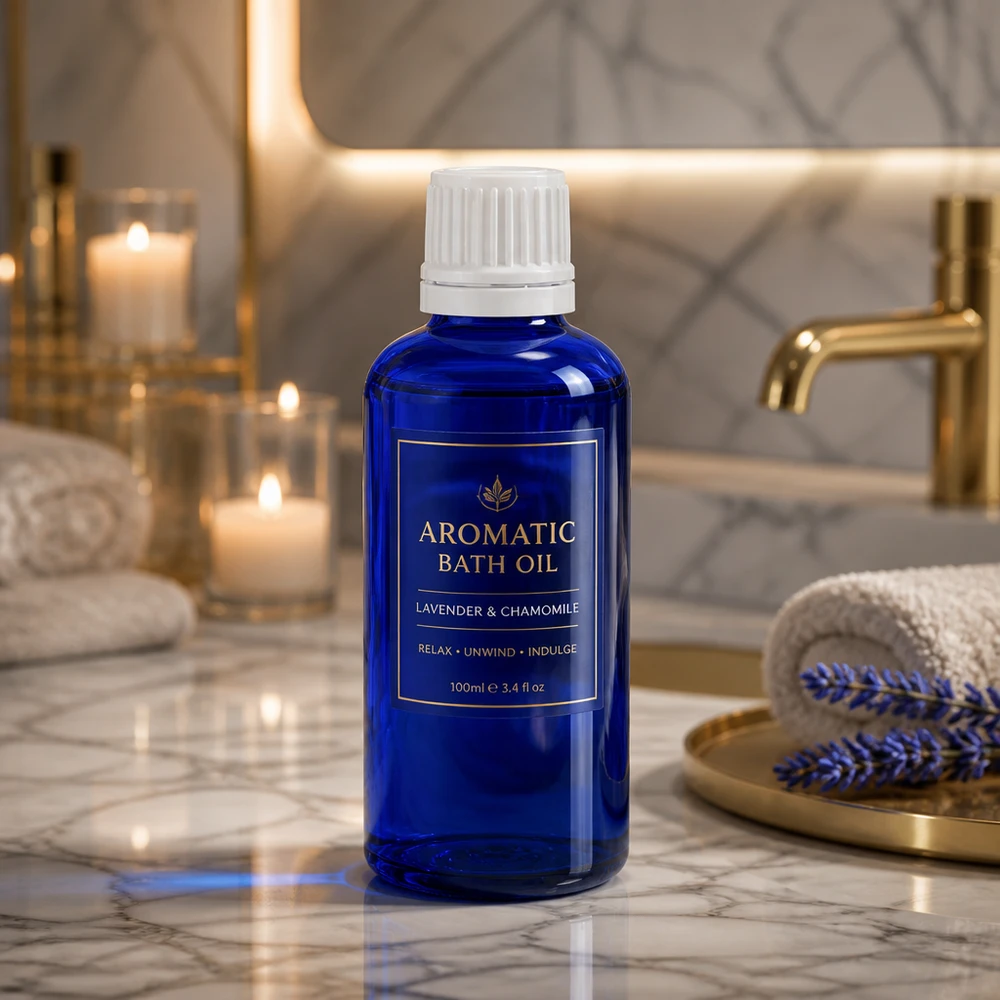 Kobaltblaues Apothekerfläschchen 50ml mit originalverschlossenem Dosiertropfer in Weiß