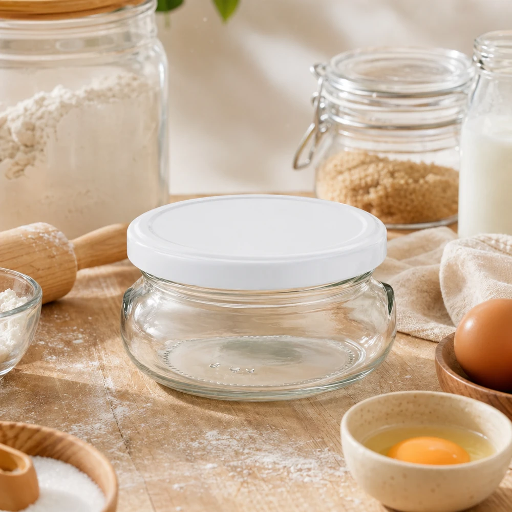 120ml Terrinenglas mit BasicSeal Deckel weiß UNiTWIST 120ml Terrinenglas mit weißem Deckel in Backküche umgeben von Mehl Eiern und Backzutaten für Meal Prep
