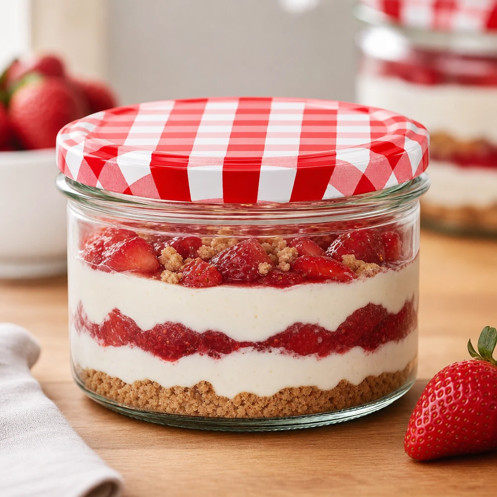 225ml Sturzglas + BasicSeal Deckel rot/weiß UNiTWIST 225ml Sturzglas als Dessertglas mit Erdbeerschichtdessert und rot-weiß kariertem BasicSeal Deckel stylisch präsentiert
