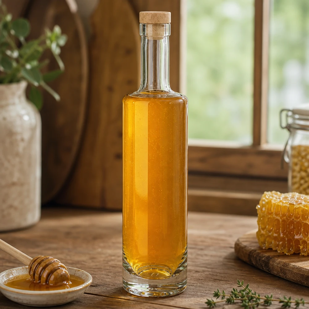 500ml Glasflasche "Lina" mit Holzgriff-Korken UNiTWIST 500ml Glasflasche Lina mit Holzkorken gefüllt mit Honig neben Wabe und Honiglöffel warme Küche Atmosphäre