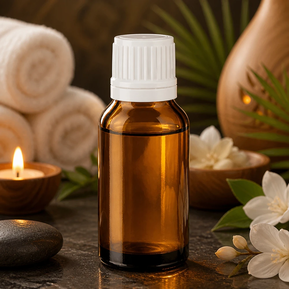 Apothekerflasche aus Braunglas 15ml mit 1,2mm Tropfeinsatz in entspannter Wellness-Atmosphäre