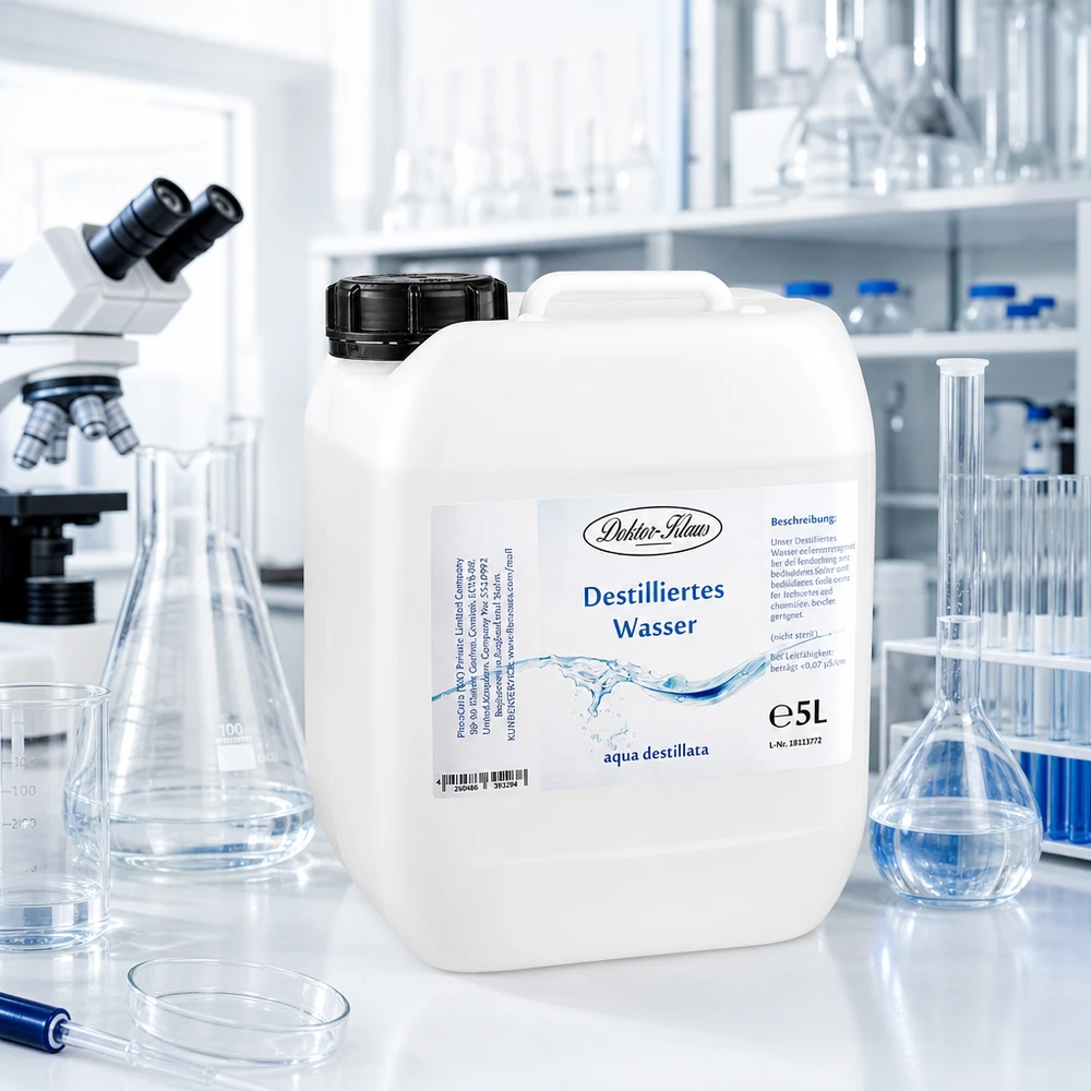 Destilliertes Wasser Doktor-Klaus 5L mit Produktetikett und Beschreibung in professionellem Labor