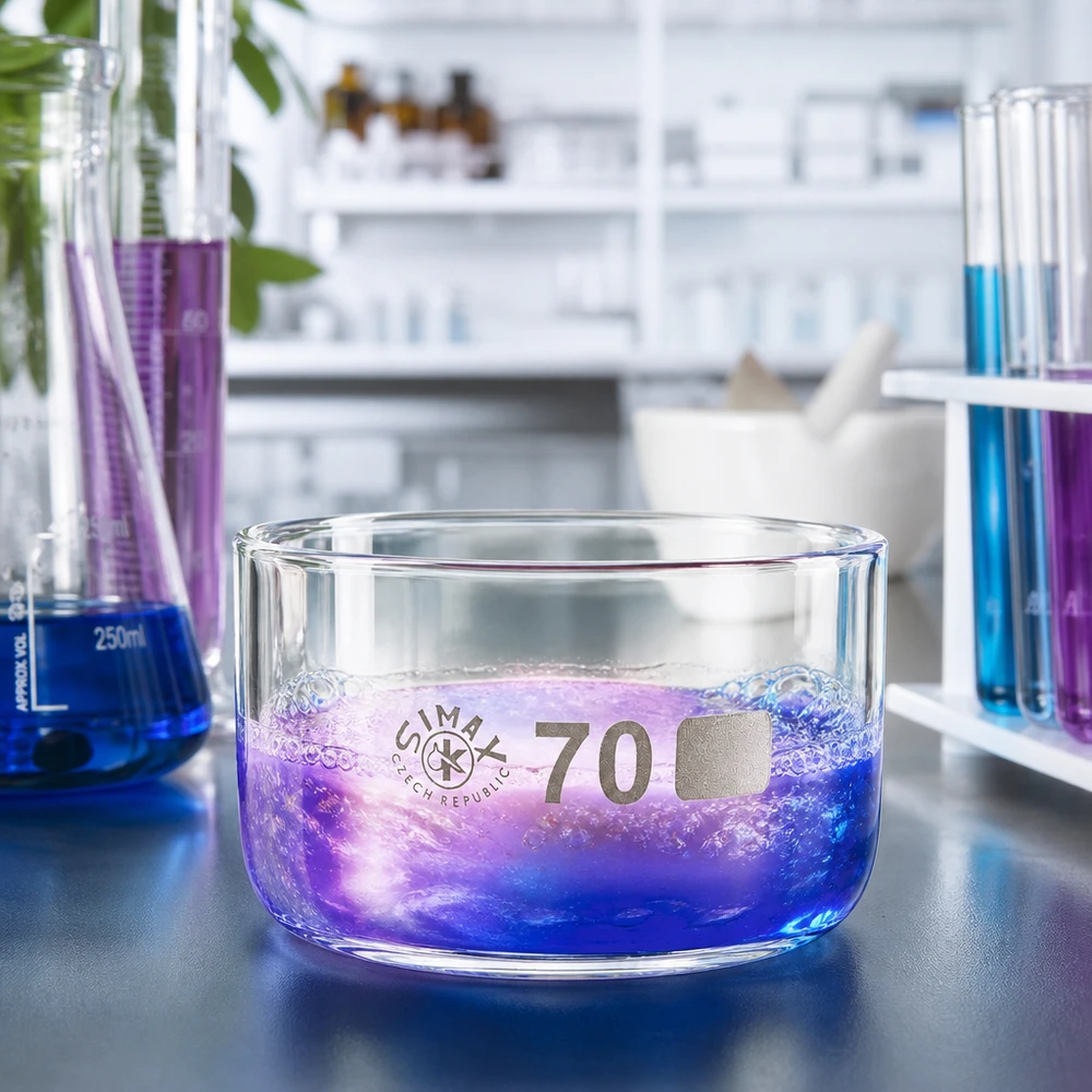 Glasschale 70mm Durchmesser mit farbiger chemischer Lösung in Blau und Violett Laborumgebung