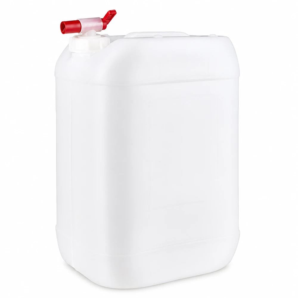 Kanister 25 Liter mit Auslaufhahn Rechteckiger 25L Kanister in Weiß mit praktischem Zapfhahn zum Befüllen und Entnehmen