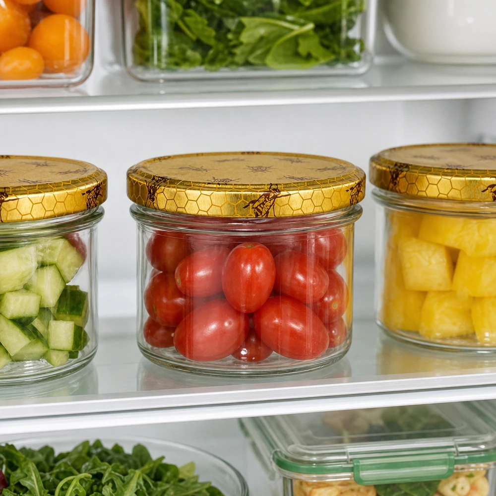 225ml Sturzglas + BasicSeal Deckel Bienenwabe UNiTWIST 225ml Sturzglas Set im Kühlschrank mit Gemüse gefüllt BasicSeal Bienenwaben-Deckel Meal Prep Vorratsgläser