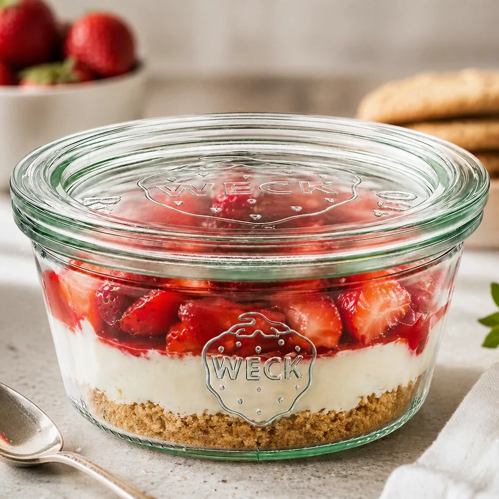 WECK Sturzglas 290ml RR100 mit Erdbeer-Schichtdessert gefüllt zeigt vielseitige Verwendung als Dessertglas mit Glasdecke