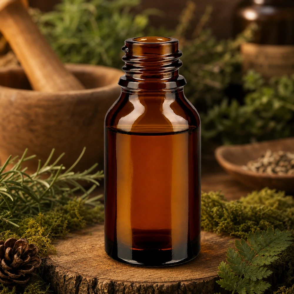 30ml braune ApoGlas Apothekenflasche hohe Form mit Moos Tannenzapfen Naturkosmetik Waldambiente Holzschale