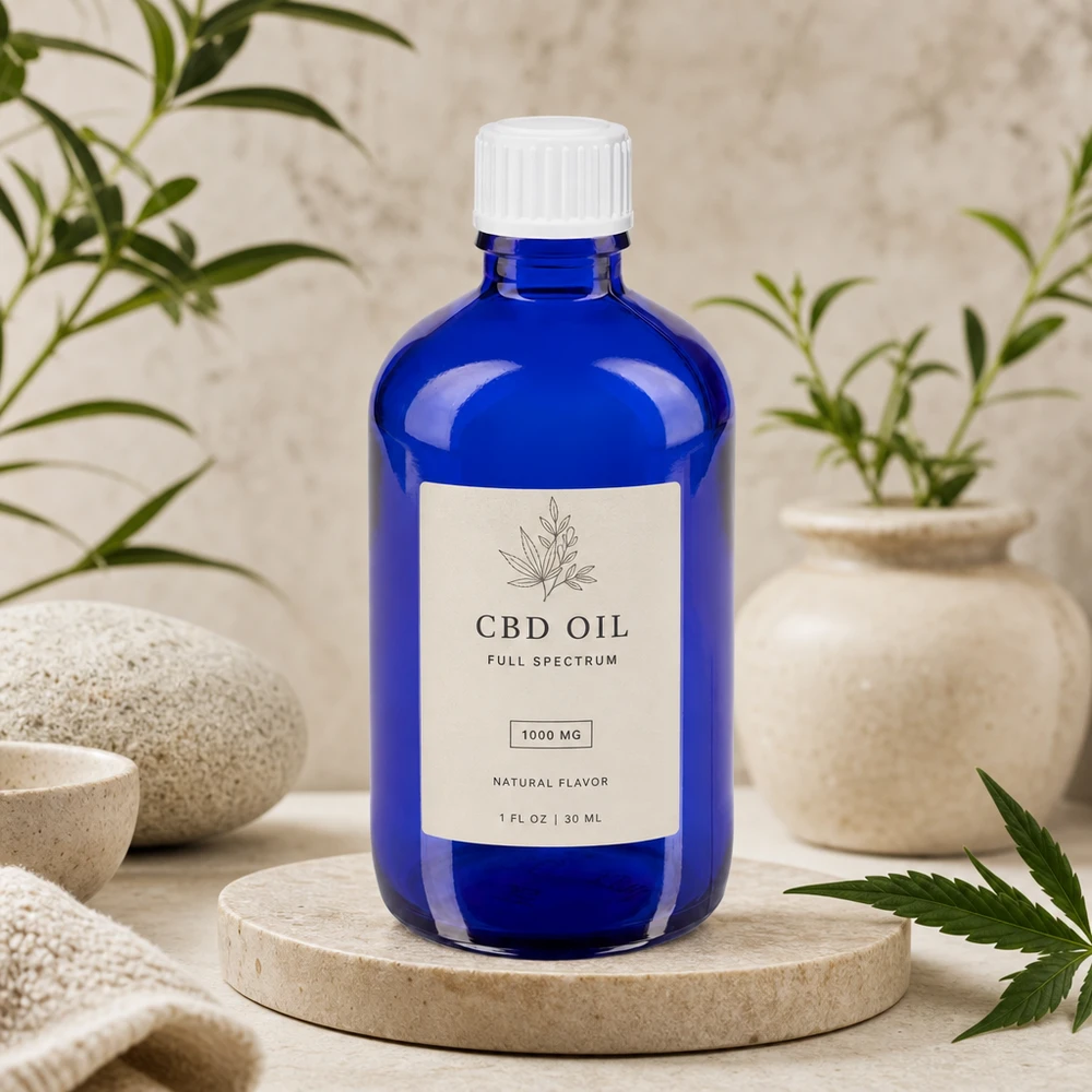Apothekerflasche 100ml kobaltblau mit präzisem Weißverschluss STD auf Natursteinuntergrund
