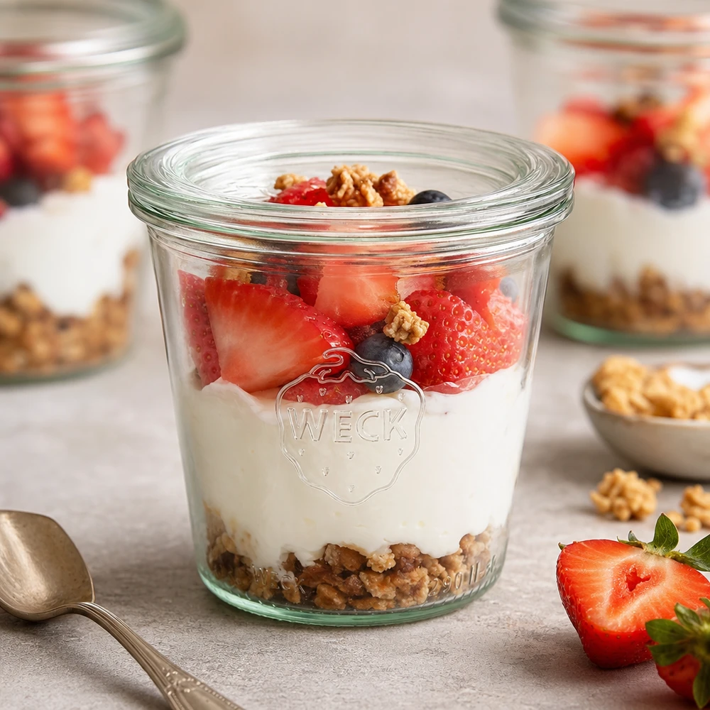 WECK Sturzglas 290ml RR80 mit Schichtdessert aus Joghurt Erdbeeren Blaubeeren und Walnüssen als Frühstücksidee