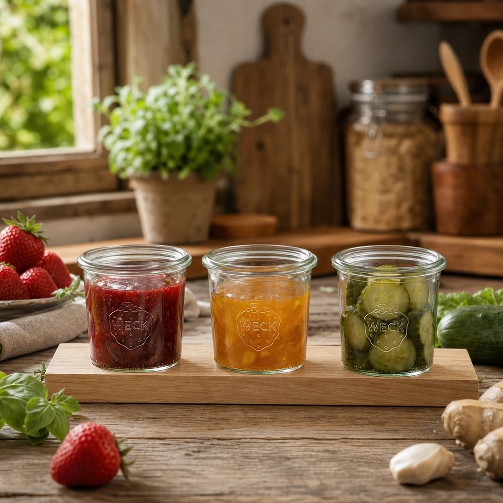 Servierbrett Plano3 mit 3 Weck Sturzgläsern 140ml WECK Gläser 140ml auf Servierbrett mit Marmelade und eingelegten Gurken in rustikaler Küche mit Kräutern