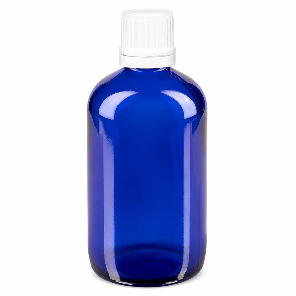Apothekenflasche blau 100ml Schraubverschluss weiß Originalitätsverschluss Blaue Glasflasche 100ml Apotheker Design mit kindersicherem weißen Verschluss und Tropfeinsatz
