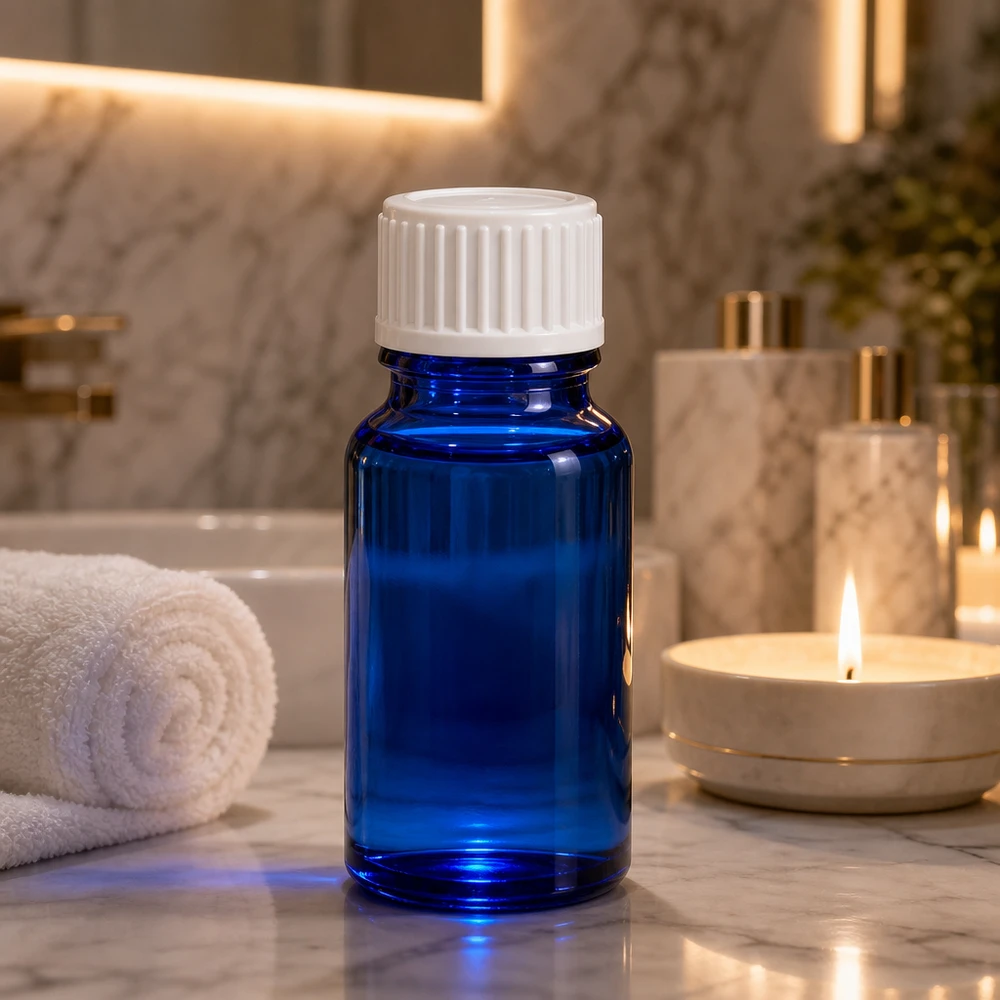 Apothekenflasche blau 10ml Schraubverschluss weiß Standard Leere blaue Glasflasche 10ml für ätherische Öle mit weißem Schraubdeckel im Badezimmer