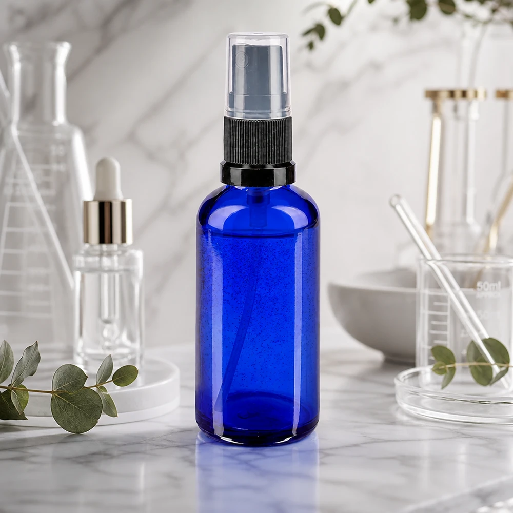 Kobaltblaues Apothekerglas 50ml mit schwarzem Sprühaufsatz für Aromatherapie und Kosmetik