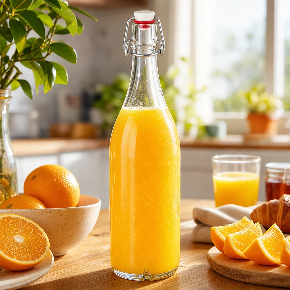 1000ml Glasflasche und Bügelverschluss Porzellan UNiTWIST 1000ml Glasflasche mit Bügelverschluss gefüllt mit frischem Orangensaft neben Orangen auf Küchentisch