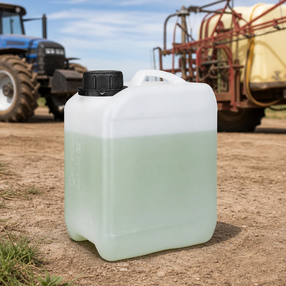 Kanister 2.5 Liter mit Schraubverschluss Originalitätsverschluss Pestizidkanister 2,5 L vor Traktor und Feldspritze auf landwirtschaftlichem Betriebsgelände