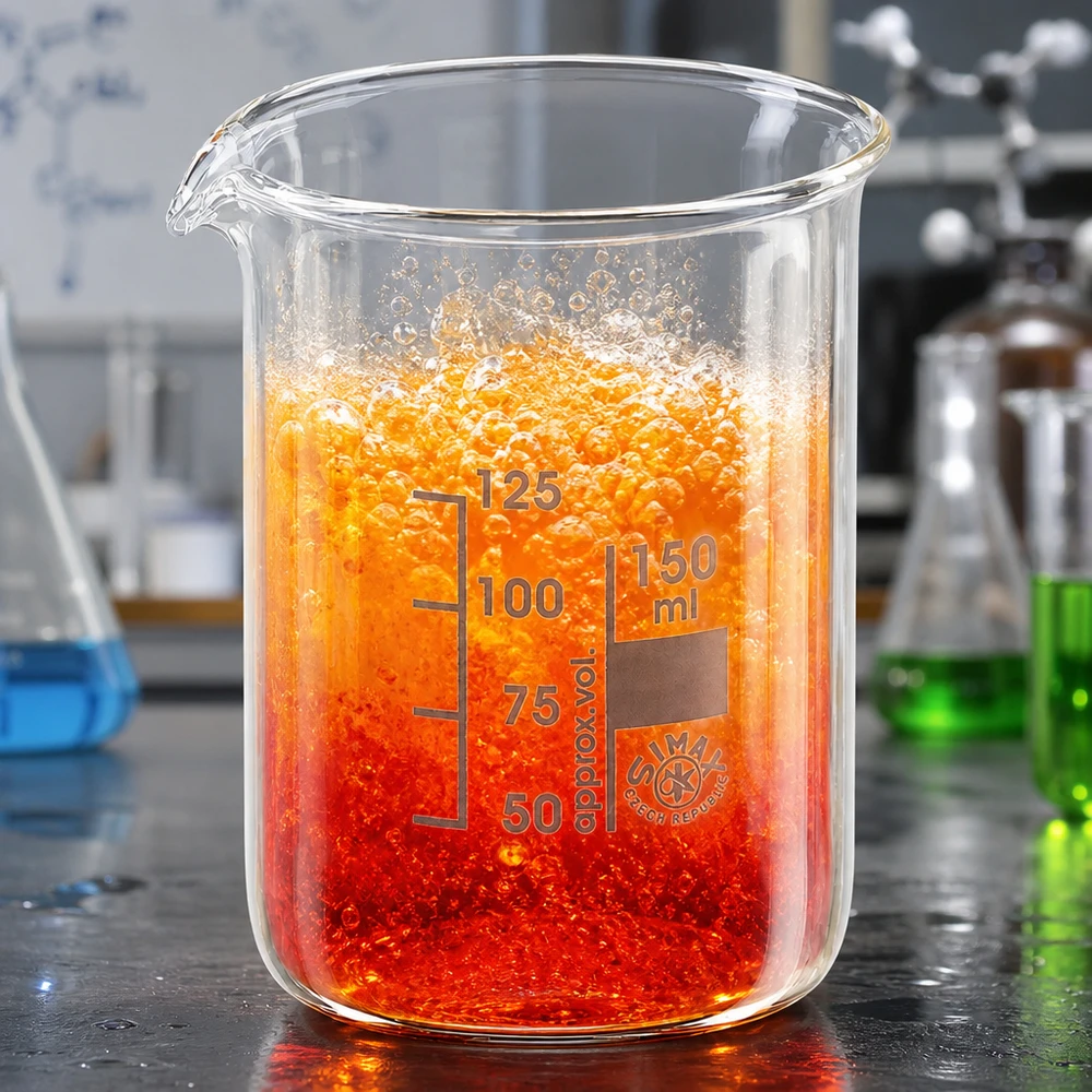 Becherglas 150ml Borosilikatglas, niedrige Form Professionelles 150ml Becherglas niedrige Bauform mit aktiver chemischer Reaktion und Gasblasen