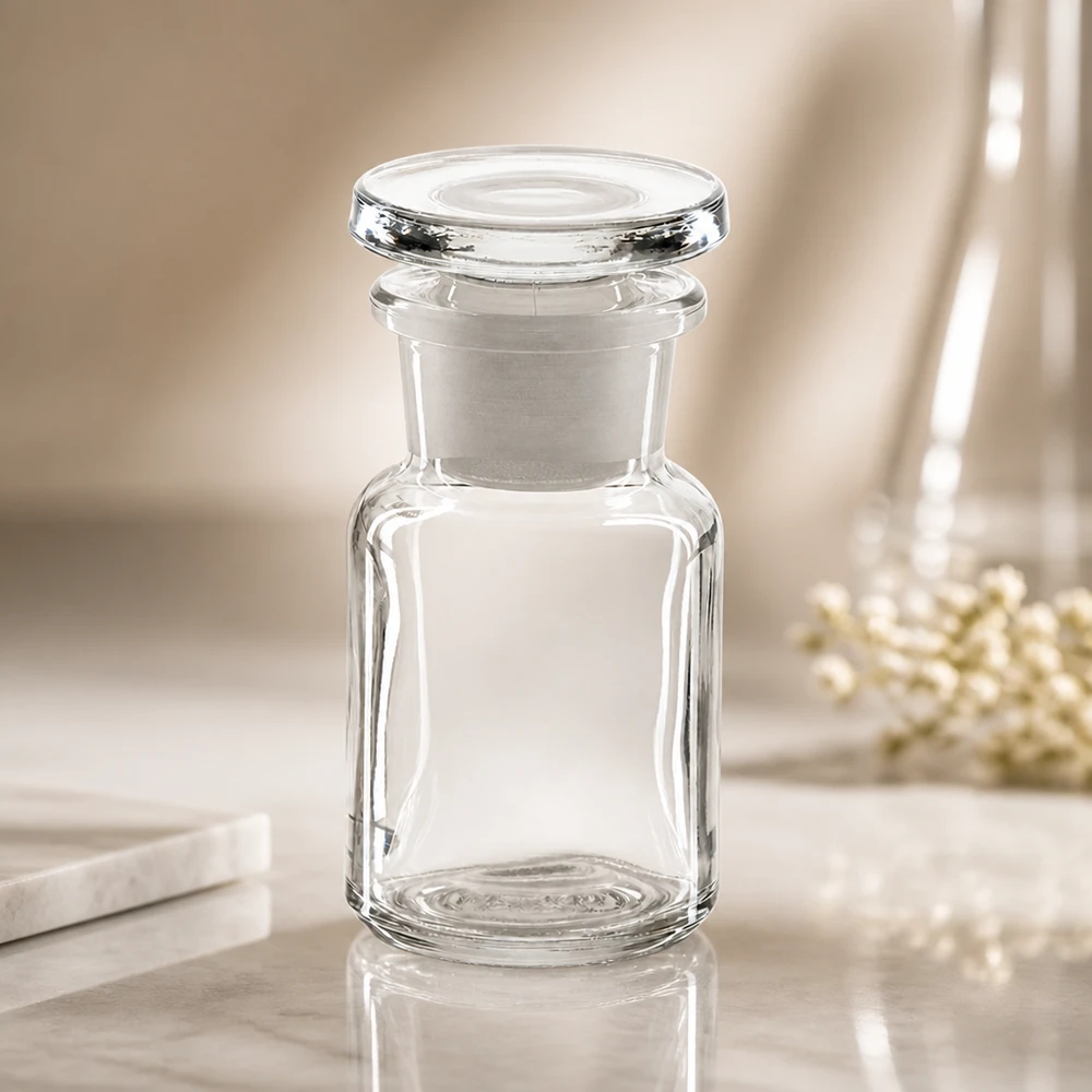 Vintage Apothekerflasche 50ml klar mit Glasstopfen quadratischer Korpus und Weithalsöffnung