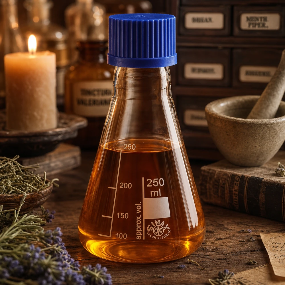 Messkolben 250ml mit Volumenanzeige und blauem Verschluss für analytische Arbeiten