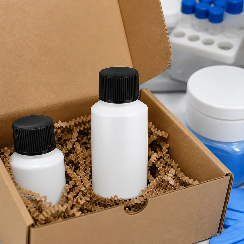 Apothekenflasche HDPE 50ml weiß, mit schwarzem Schraubverschluss Kleine weiße Rundflasche aus HDPE 50ml mit schwarzem Schraubverschluss versandfertig verpackt