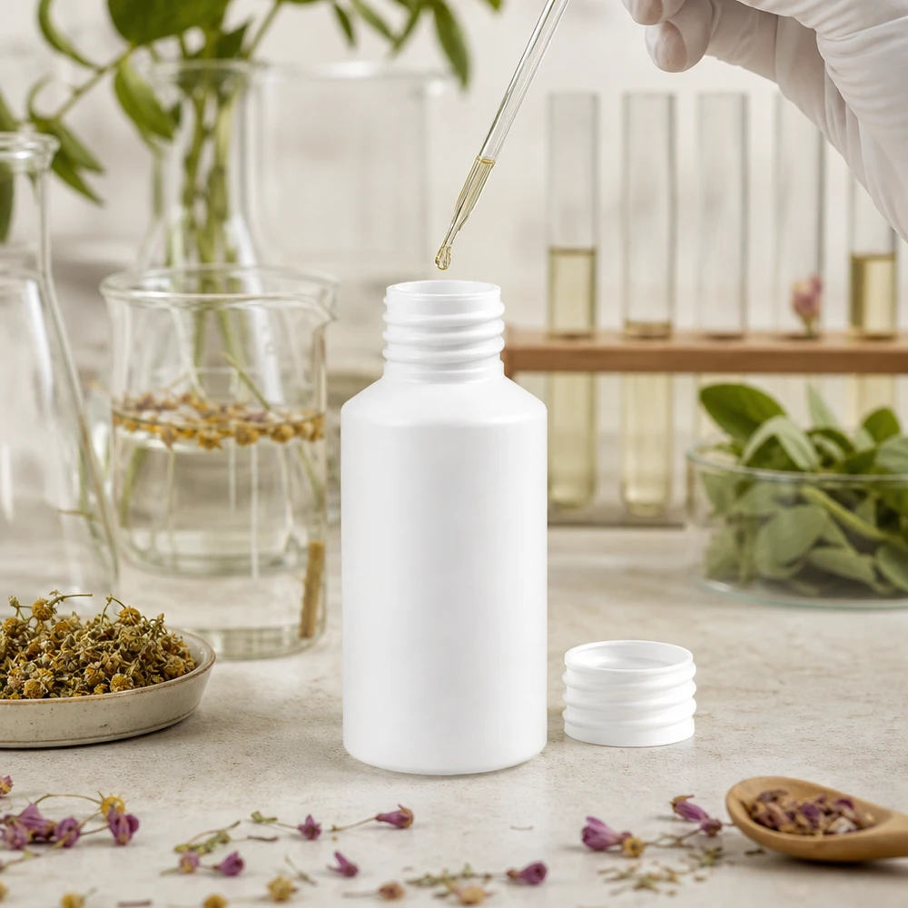 Apothekenflasche HDPE 50ml weiß, ohne Verschluss Weiße HDPE Rundflasche 50ml ohne Verschluss in botanischem Labor mit Reagenzgläsern im Hintergrund