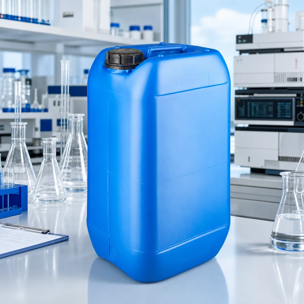 Kanister 15 Liter blau mit Schraubverschluss Originalitätsverschluss Robuster Industriekanister 15L blau mit Schraubverschluss OV auf weißem Labortisch