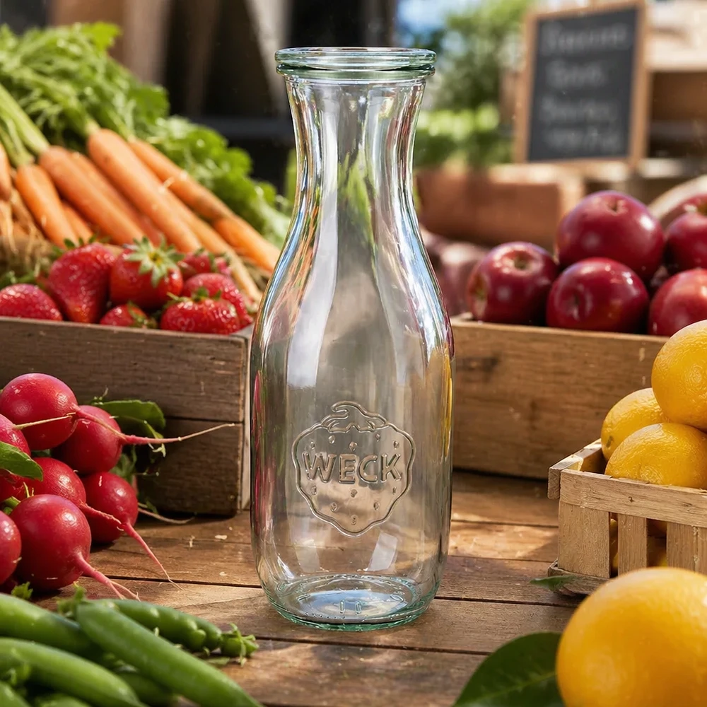 WECK Saftflasche 1062ml transparent leer auf Holztisch mit frischem Obst Gemüse Radieschen Karotten Zitronen Äpfel