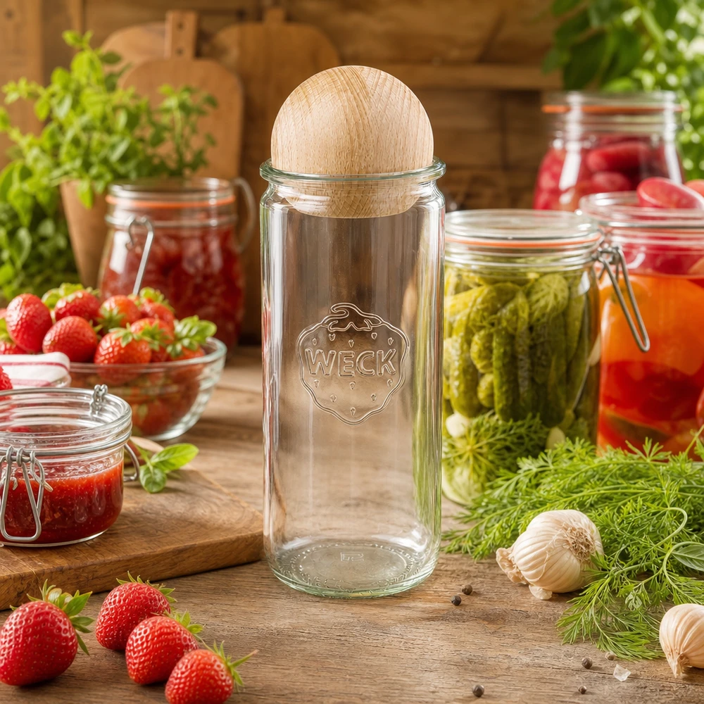 WECK Einmachglas 1040ml mit Holzdeckel in rustikaler Küche umgeben von Marmelade, Erdbeeren und Kräutern