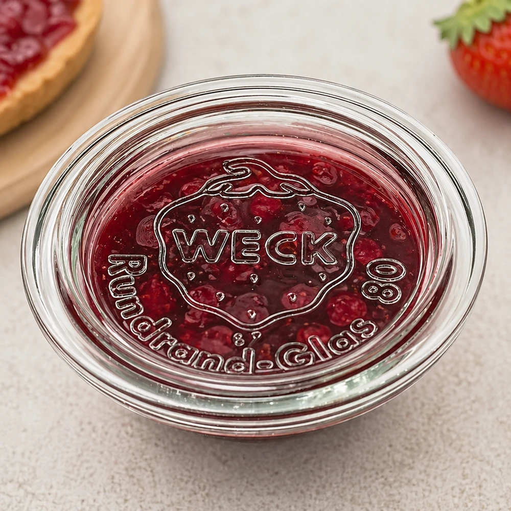 WECK Glasdeckel RR80 WECK Glasdeckel RR80 auf Marmeladenglas mit Beerenfüllung zeigt praktische Verwendung beim Einkochen und Konservieren