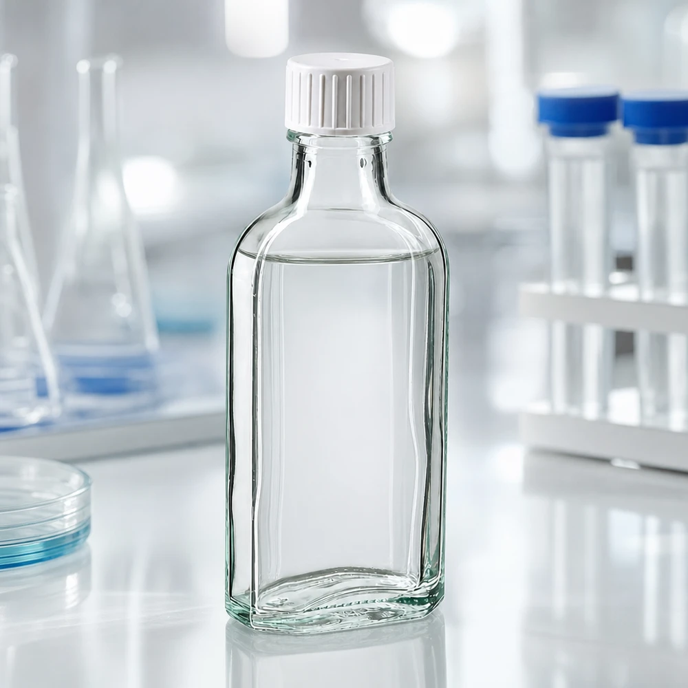 Pharmaglasflasche 100ml Meplat klar mit gerilltem Kunststoffdeckel und integriertem Gießring