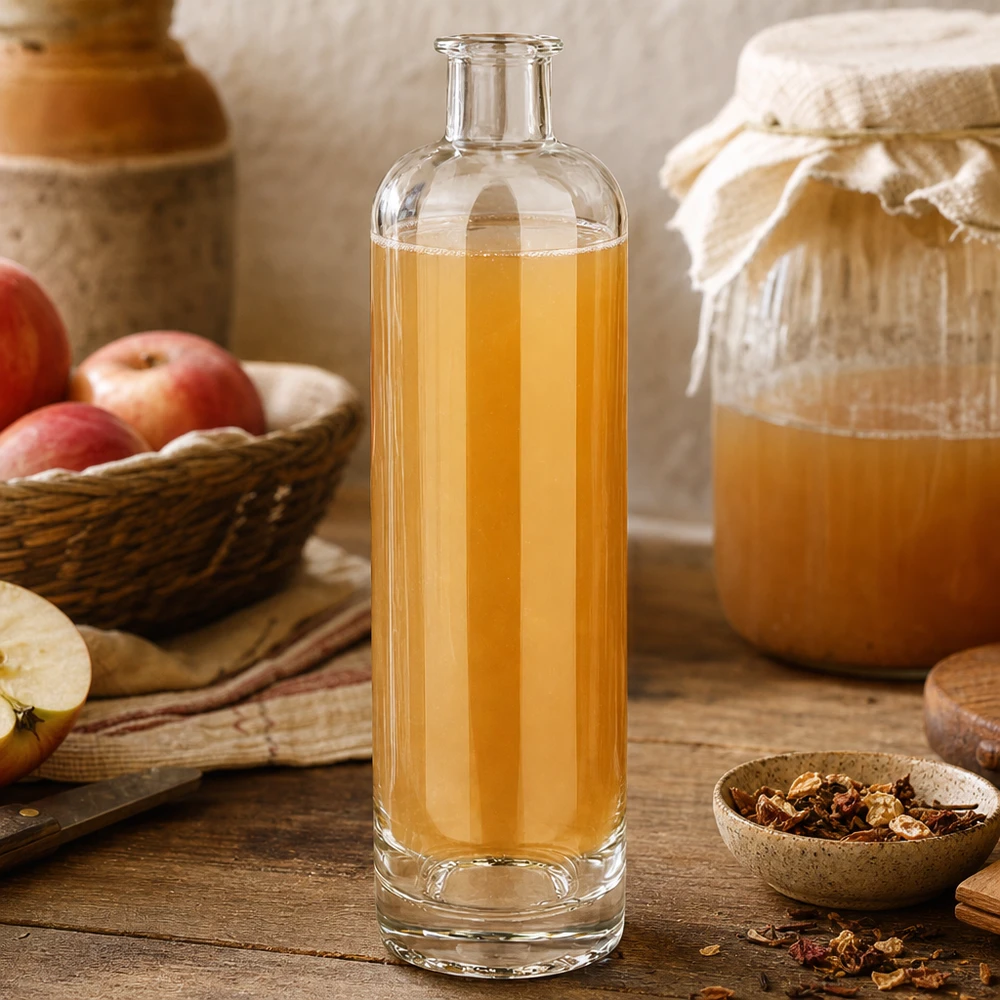 500ml Glasflasche Ella UNiTWIST mit Apfelsaft gefüllt neben frischen Äpfeln und Honig rustikale Küchenszenerie