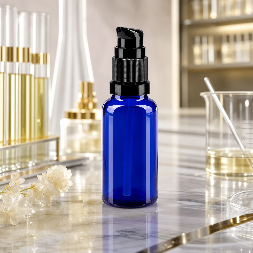 Kobaltblaue Glasflasche 20ml mit schwarzem Pumpkopf auf Marmorunterlage im Kosmetiklabor