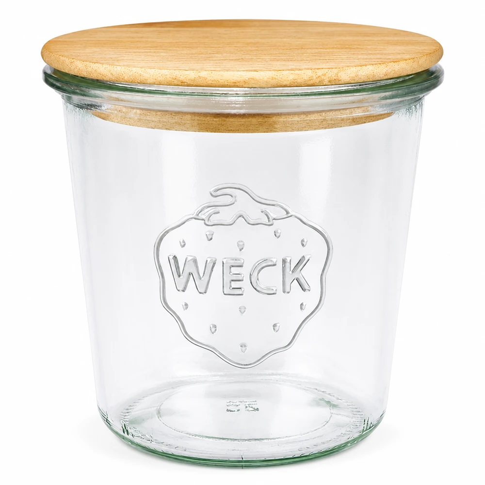580ml WECK Sturzglas RR100 mit natürlichem Holzdeckel, transparentes Einmachglas mit geprägtem Logo