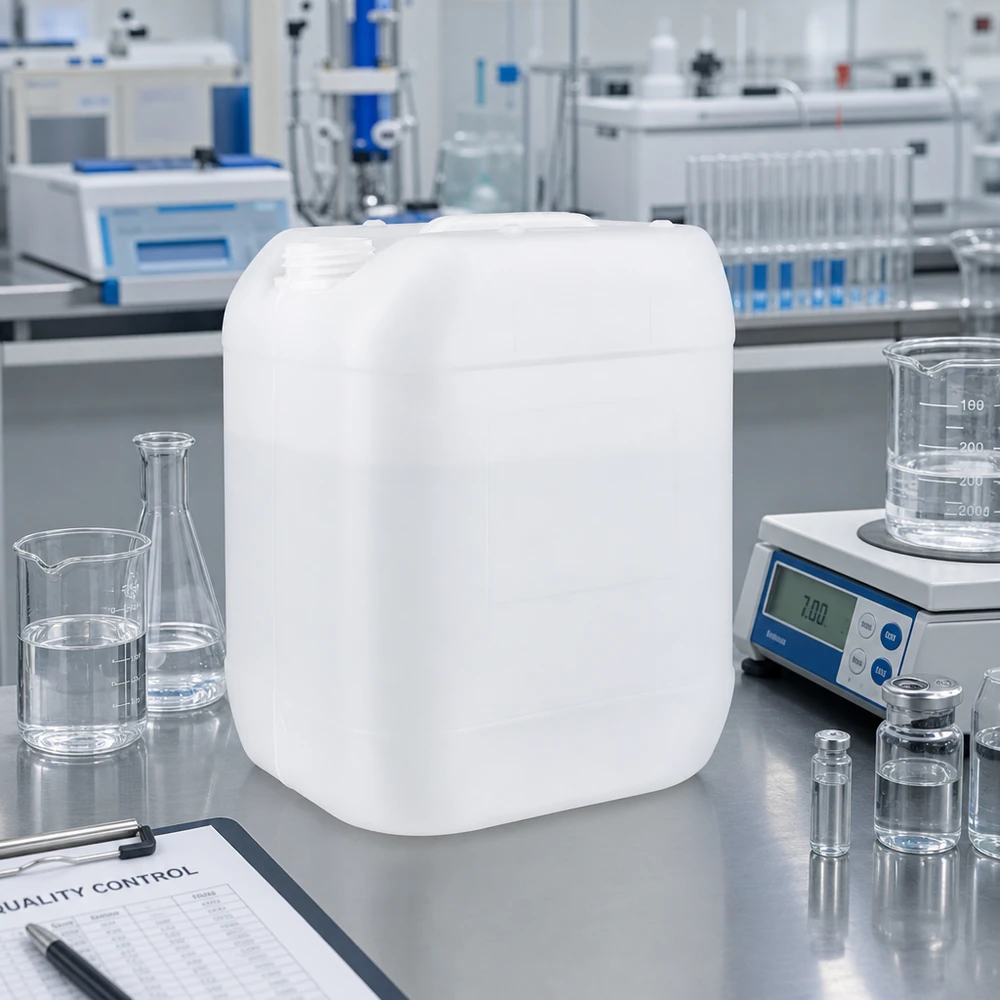 Stapelbarer Industriekanister 20 Liter ohne Verschluss neben Laborwaage und Messbecher