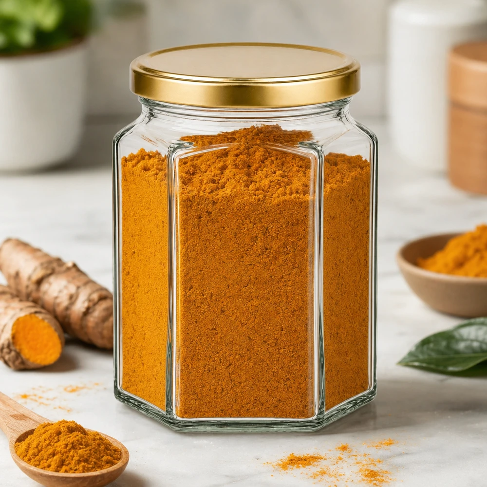 288ml Hexaglas BasicSeal gold mit Kurkumapulver befüllt zeigt Gewürz-Aufbewahrung neben frischen Wurzeln