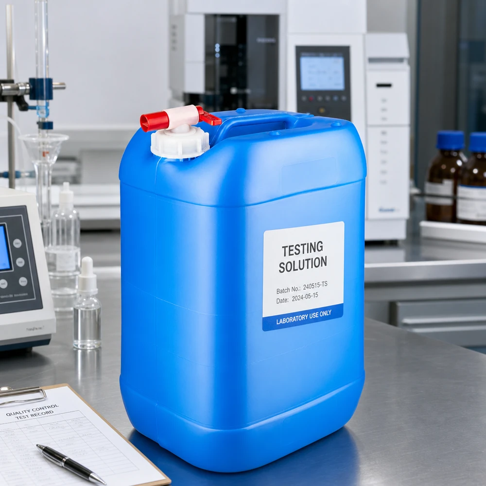 Großvolumiger Flüssigkeitsbehälter 25L blau mit Zapfhahn und Testlösungs-Etikett im Labor