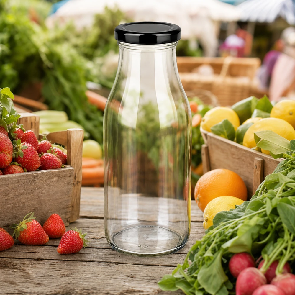 263ml Glasflasche mit schwarzem Deckel auf Marktstand zwischen frischen Erdbeeren Zitrusfrüchten und Gemüse