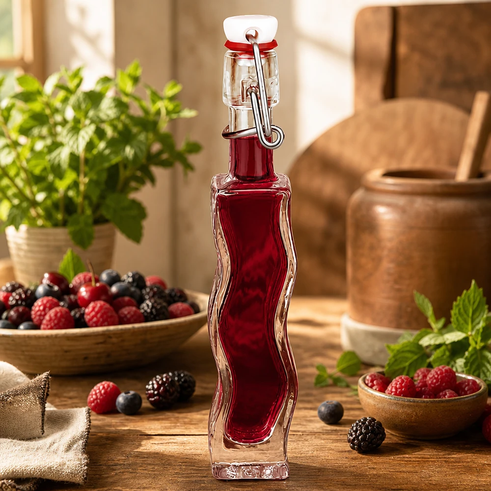 40ml Glasflasche Anna mit rotem Beerensaft gefüllt zwischen frischen Beeren und Minze auf Holztisch, ideal für Sirupe