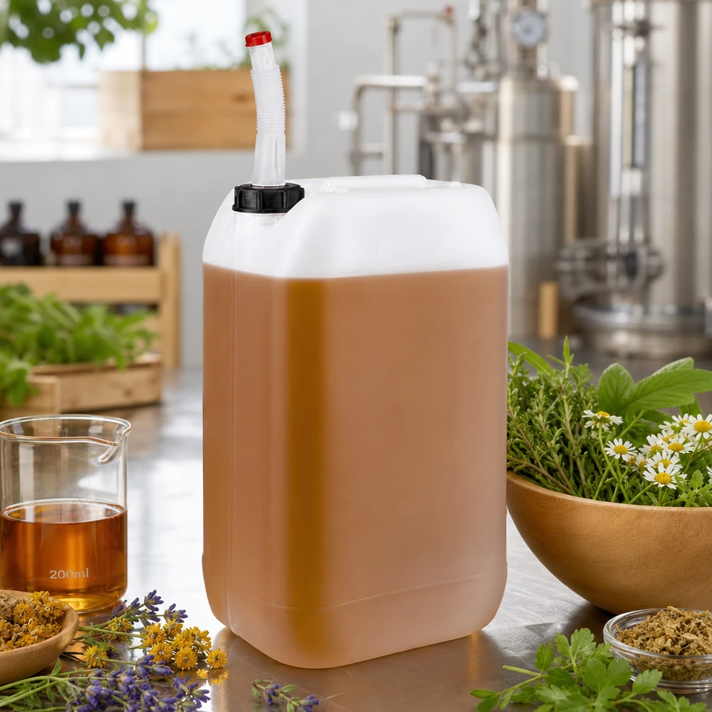 Lebensmittelkanister 15 Liter mit Flex-Auslaufrohr umgeben von Heilkräutern und Blüten