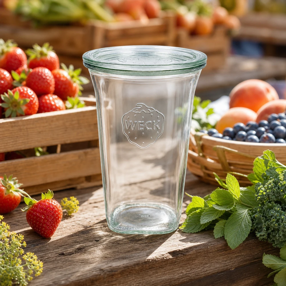 WECK 795ml Quadroglas RR100 mit Glasdeckel zwischen frischen Erdbeeren Blaubeeren auf rustikalem Holztisch Naturambiente