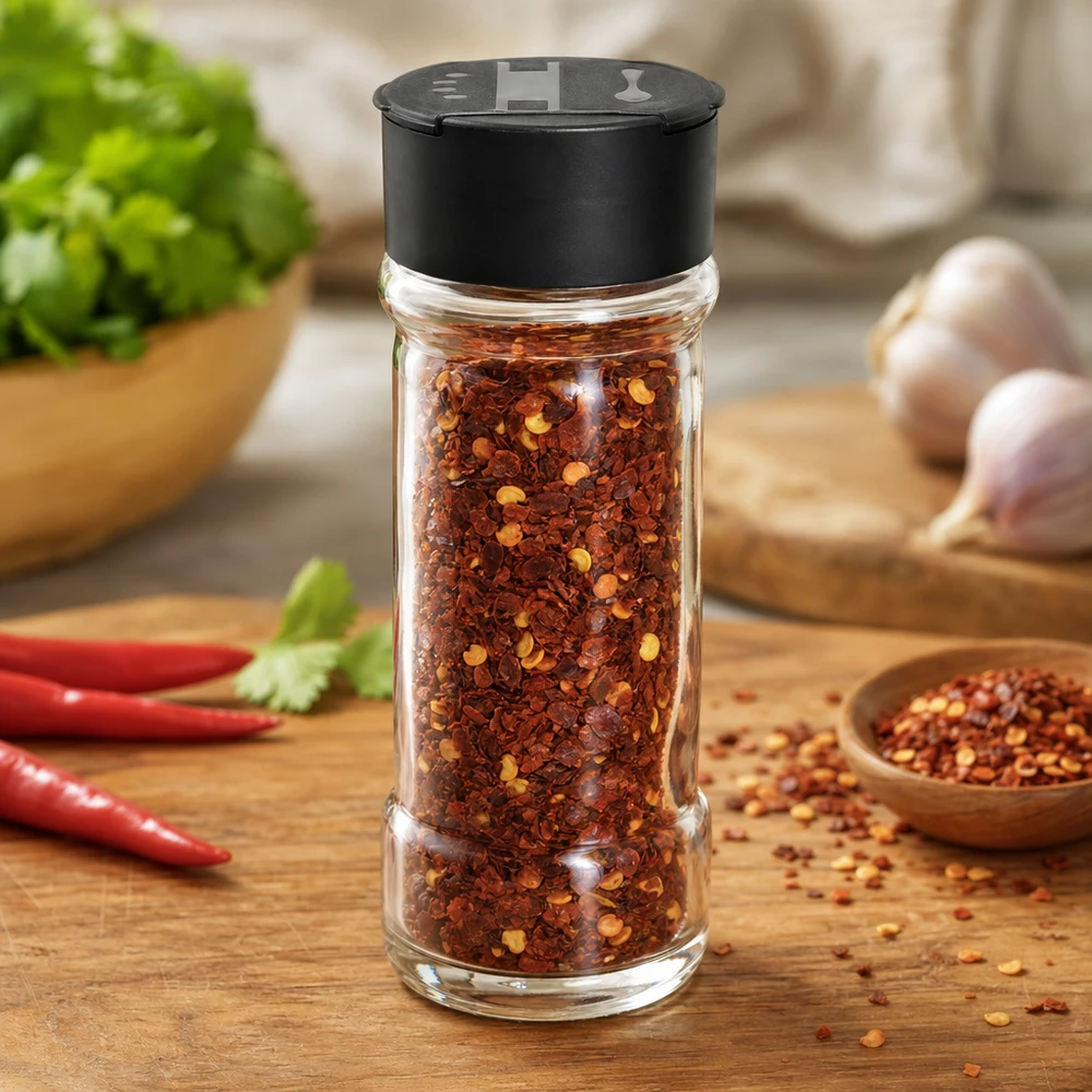 Salz-/Gewürzglas 100ml mit Doppelstreuer schwarz Kleines Küchengewürzglas 100ml mit roten Chiliflocken und praktischem Schüttdeckel in Schwarz