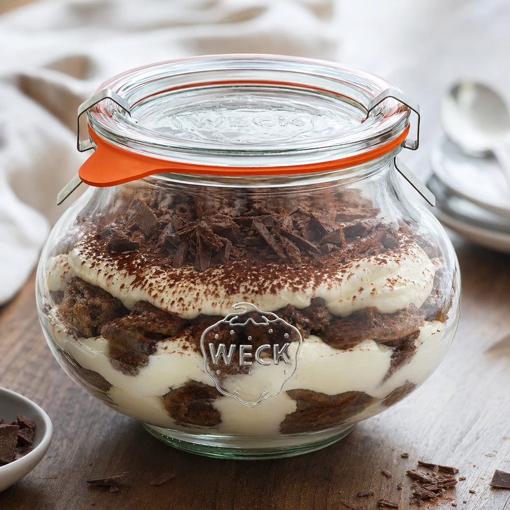 WECK Einmachglas 560ml gefüllt mit Tiramisu Dessert, Demonstration der praktischen Verwendung als Vorratsglas