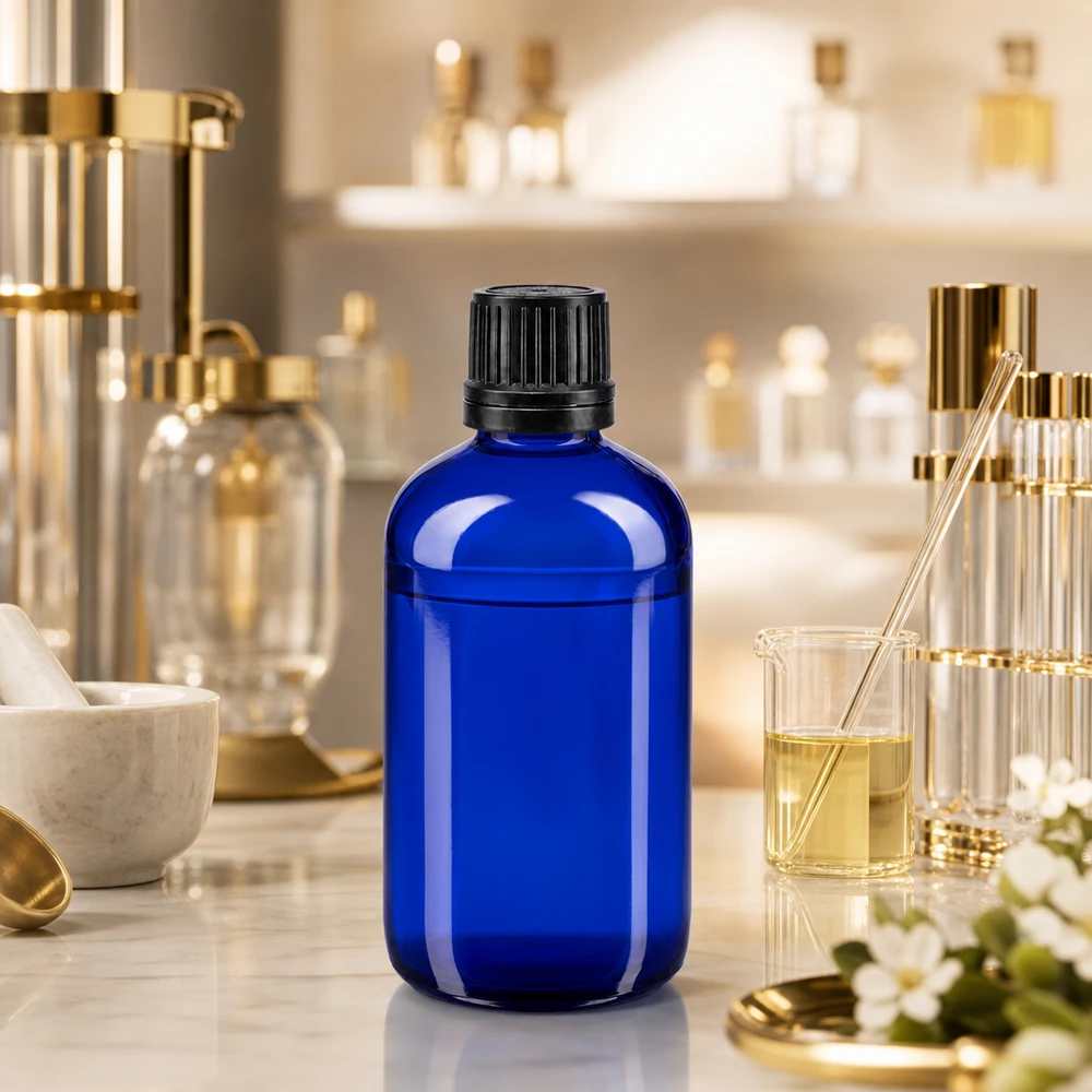 Apothekenflasche blau 100ml Schraubverschluss schwarz Giessring Originalitätsverschluss Kobaltblaue Glasflasche 100ml mit Originalverschluss schwarz für Aromaöle